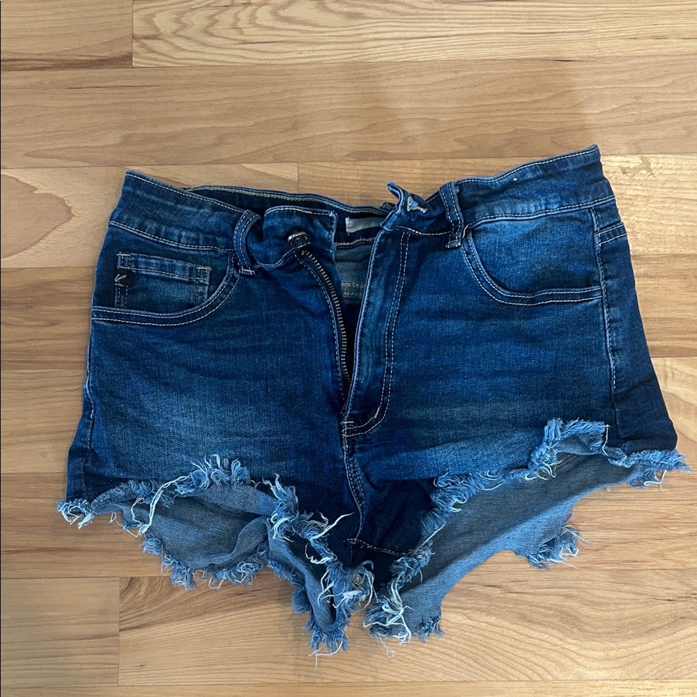 KanCan Dark Blue Frayed Hem Jean Shorts
